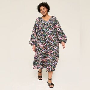 Lane Bryant Vibrant Multi-Floral Long-Sleeve V-Neck Dress Size 28 Spring Cottage